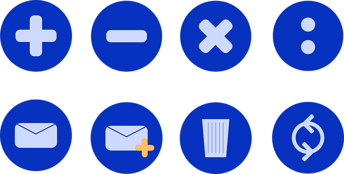 Basic Interface Icons Set PNG — Eight blue circular icons with white symbols including math operators email trash and refresh on black background