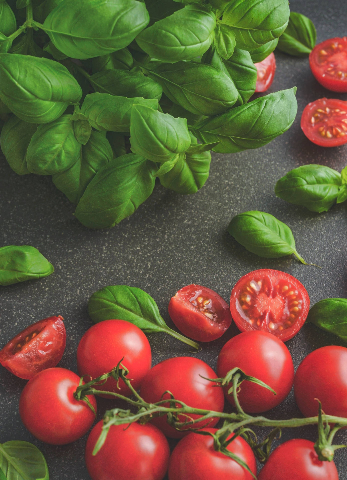 Basil Herb Leaves And Cherry Tomatoes Wallpaper