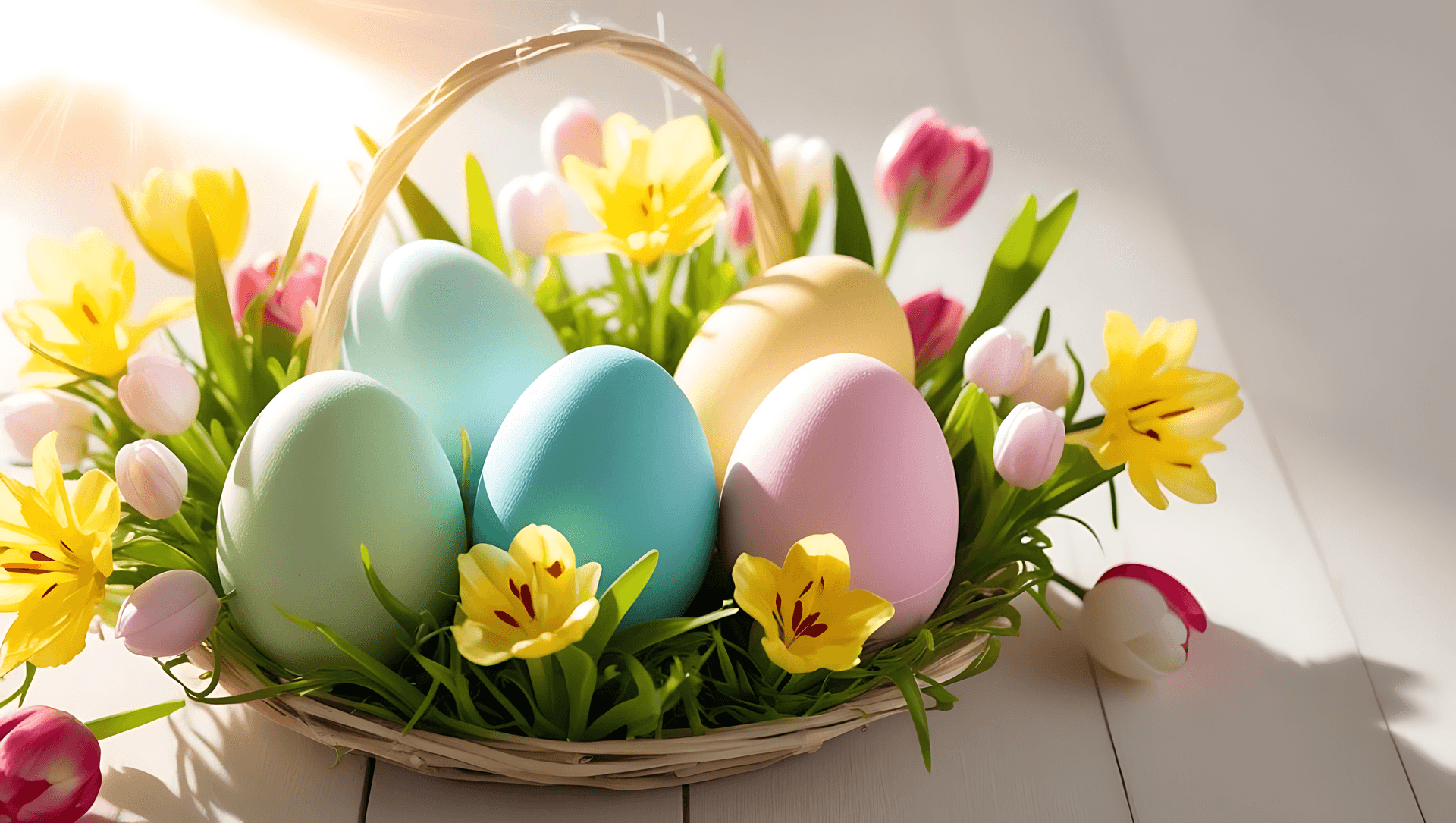 Basket Of Easter Eggs With Daffodils Wallpaper