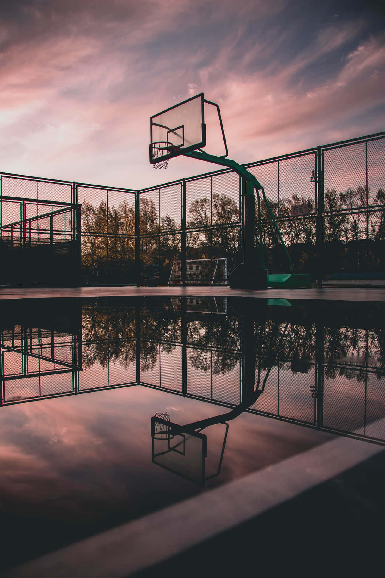 A Basketball Hoop Reflected In A Pool