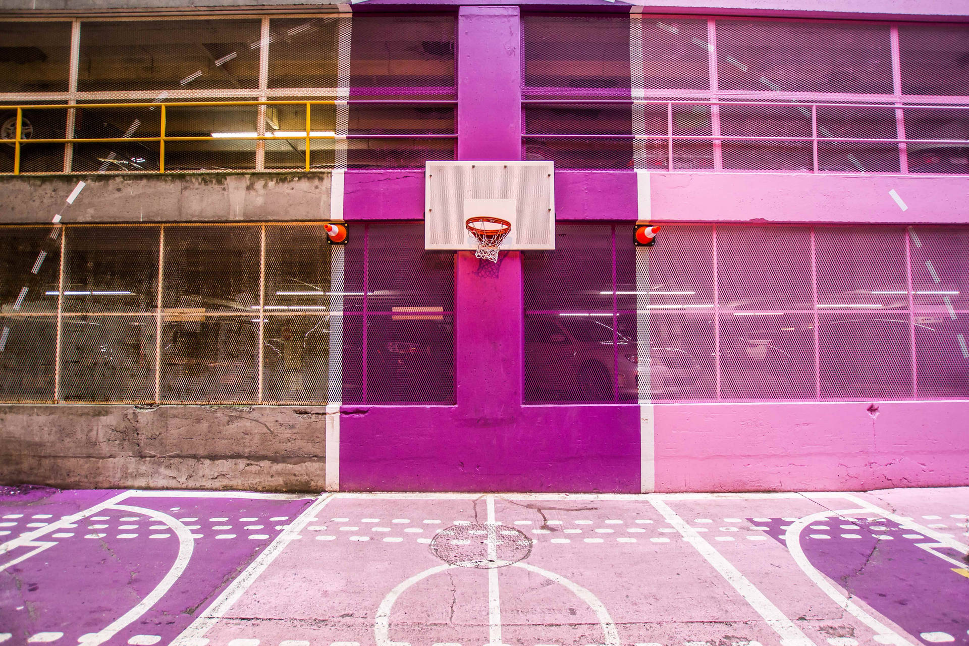 Campo Da Basket Con Parete Rosa Sfondo