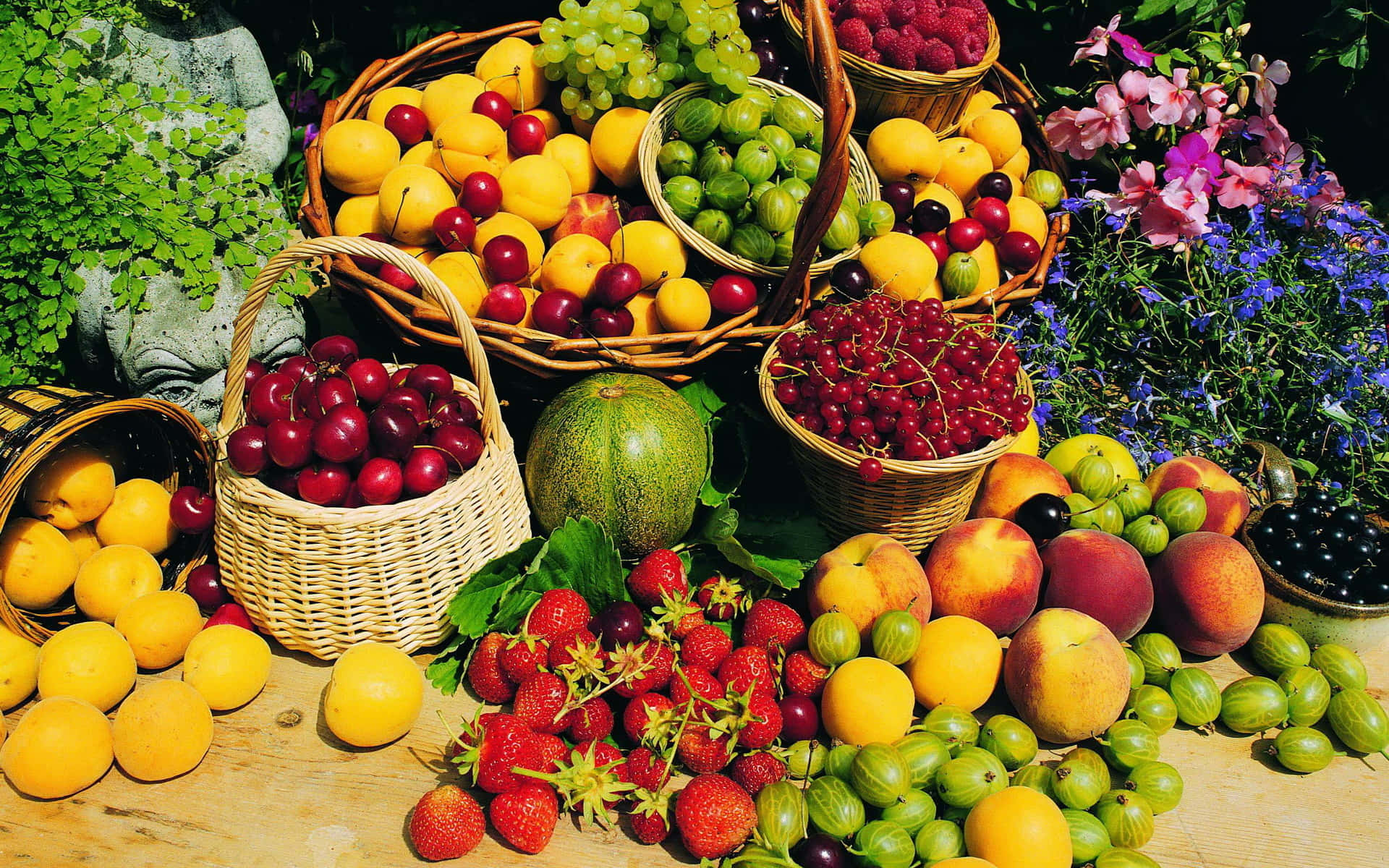 Basketful Harvest Of Fruits And Vegetables Wallpaper