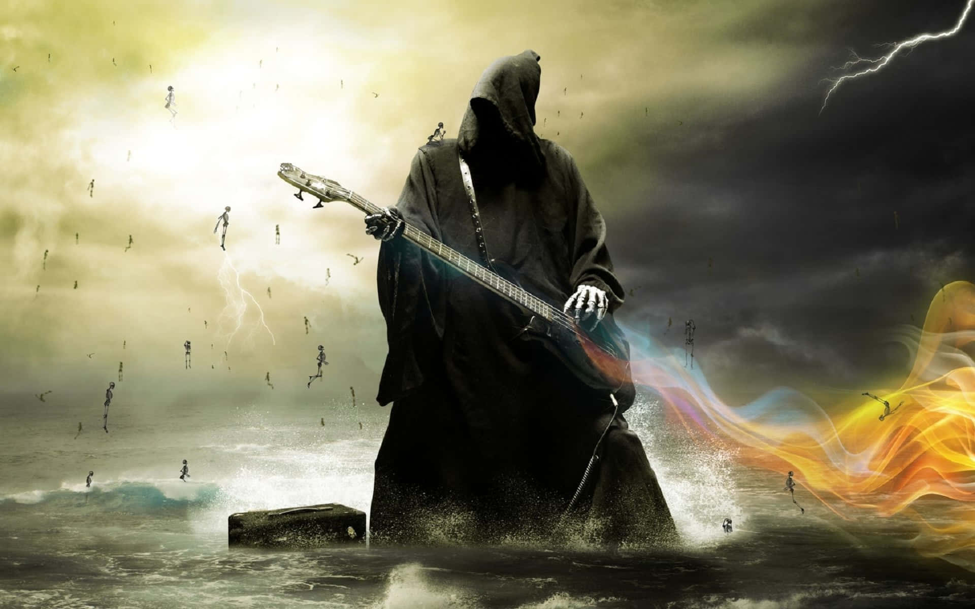 A Man In A Black Robe Is Holding A Guitar In The Water Wallpaper