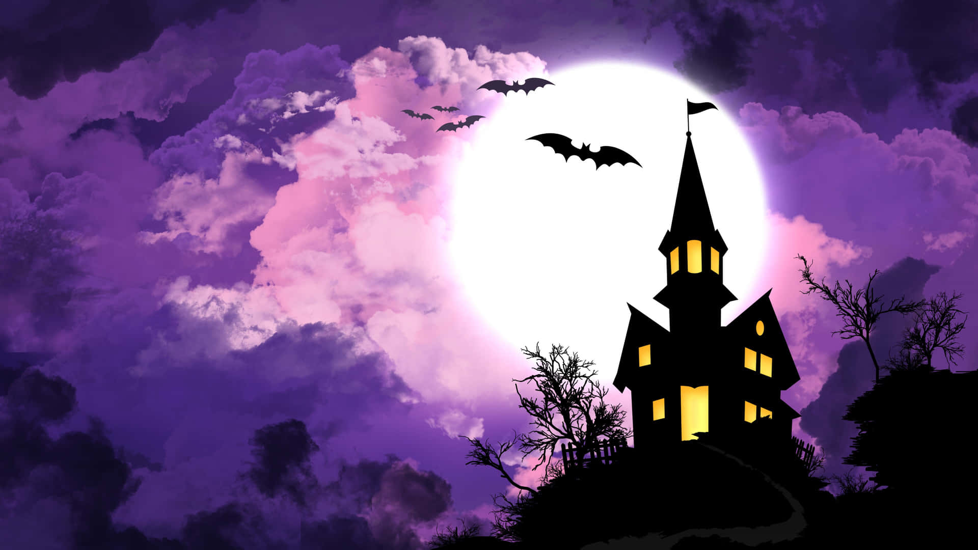 Castillomorado De Halloween Con Murciélagos. Fondo de pantalla
