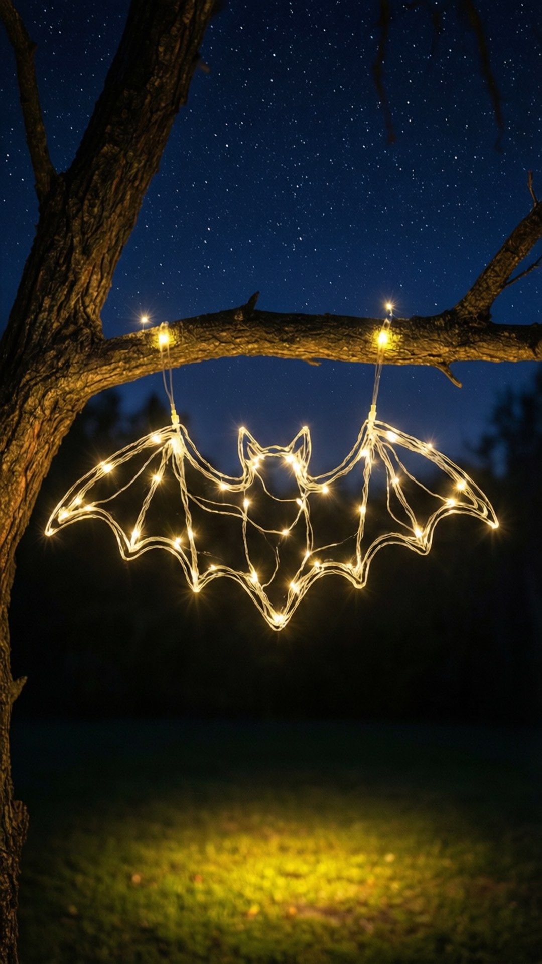 Glowing bat light decoration hanging from a tree at night under stars. wallpaper