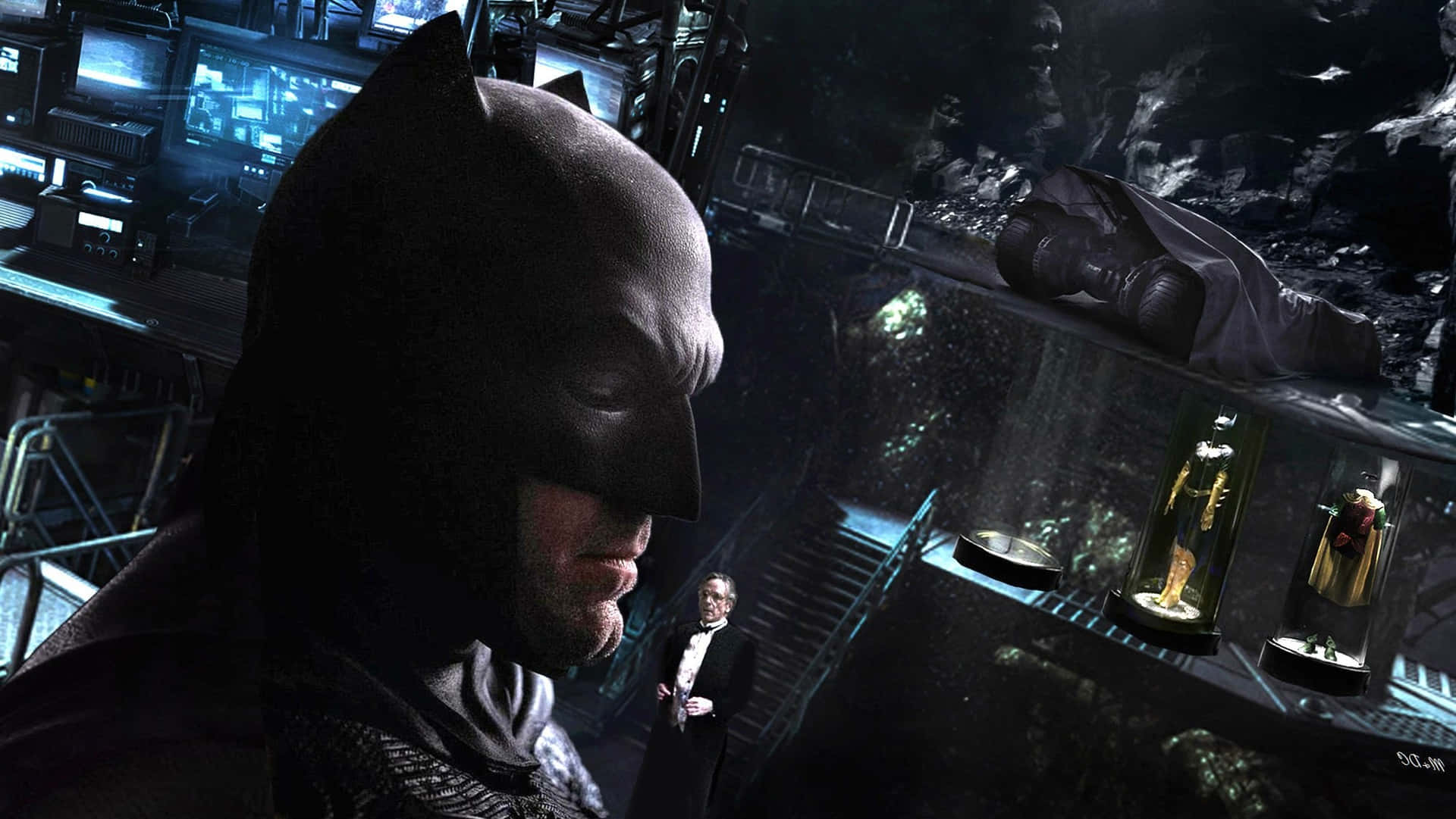 Batman's Batcave gennem et mørkt og mysteriøst landskab. Wallpaper