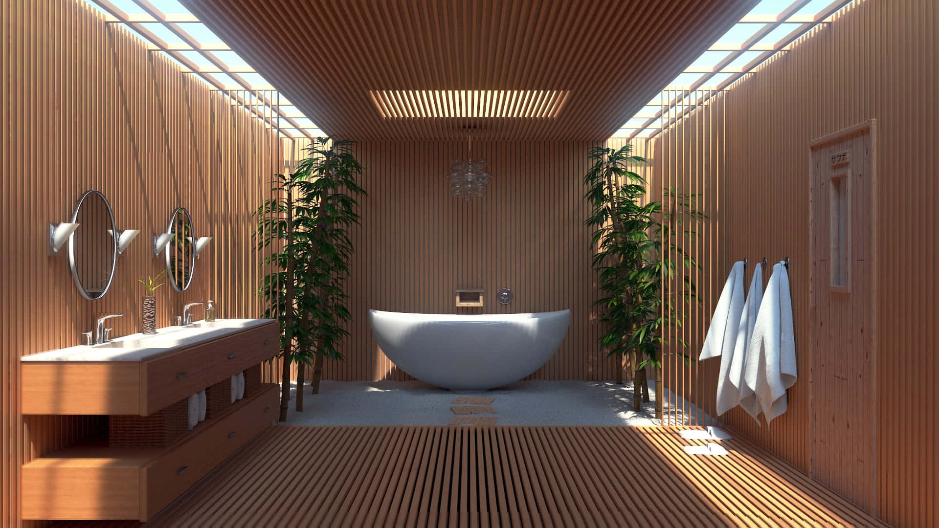 Storslået badeværelse med trævægge baggrund