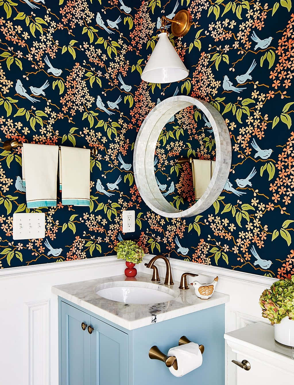 Download Bathroom Bird Patterned Walls Wallpaper 