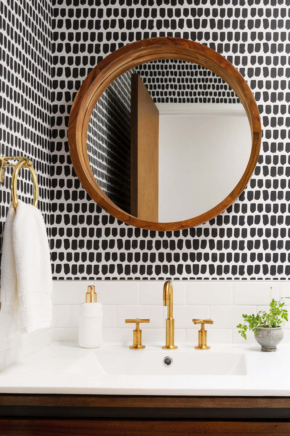 Download Bathroom Circular Wooden Mirror Wallpaper | Wallpapers.com