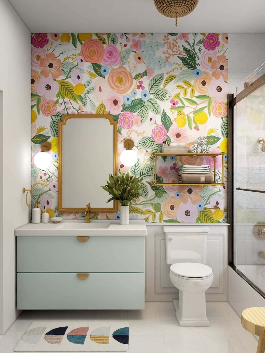 Fotografíade Decoración De Baño Con Papel Tapiz Floral Colorido