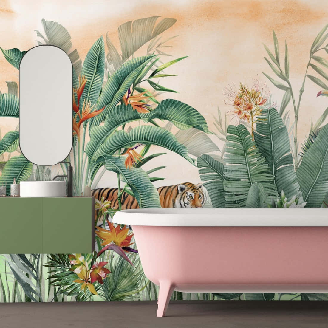 Caption: "Unleash Your Wild Side with Jungle Themed Bathroom Decor" Wallpaper
