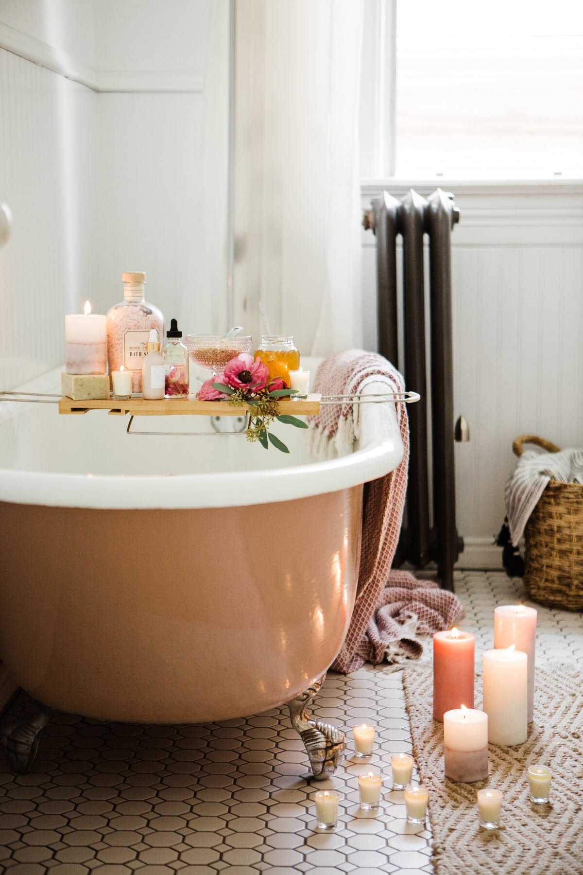 Bathtub With Candles And Essentials Wallpaper