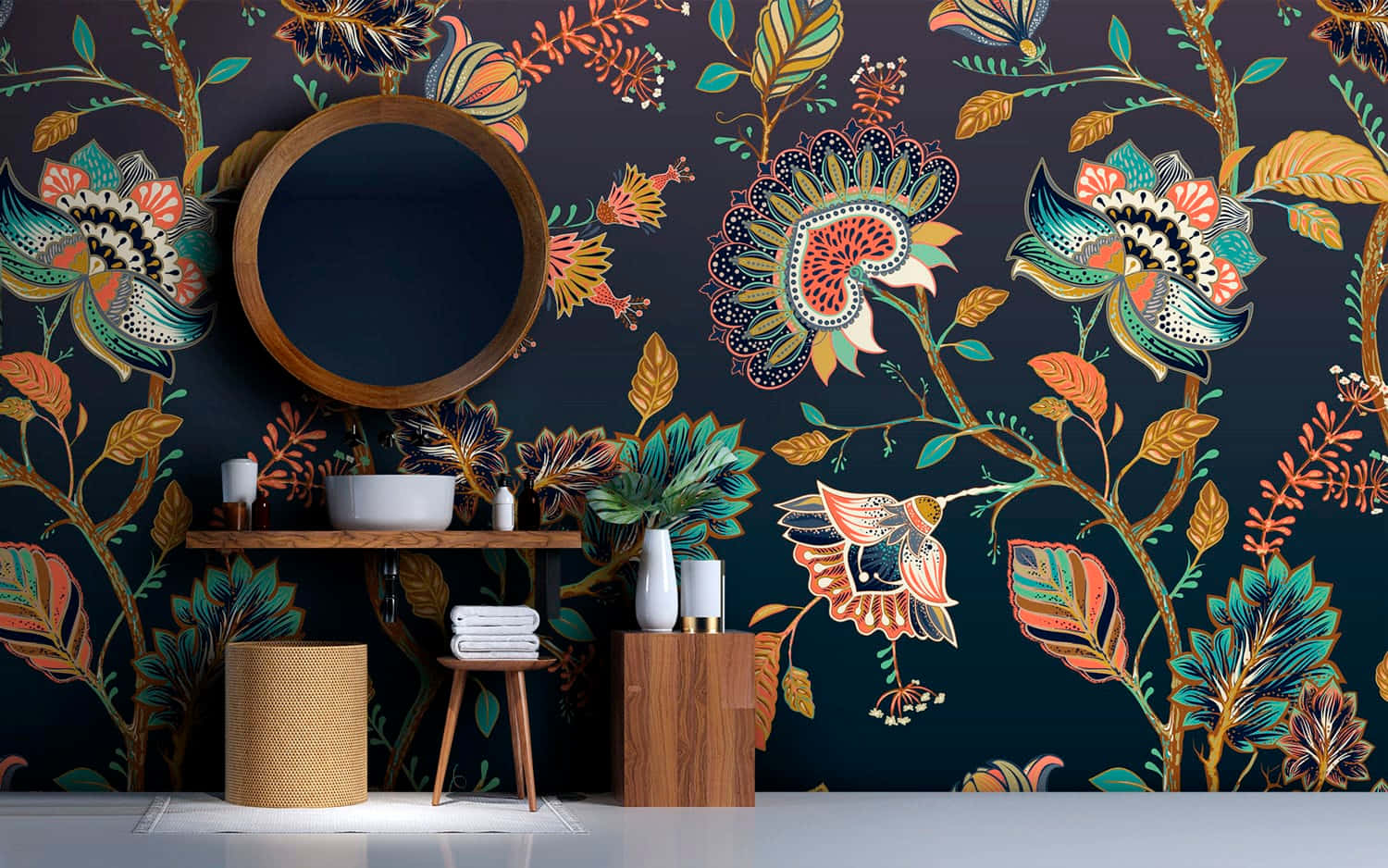 A Bathroom With A Colorful Floral Wallpaper