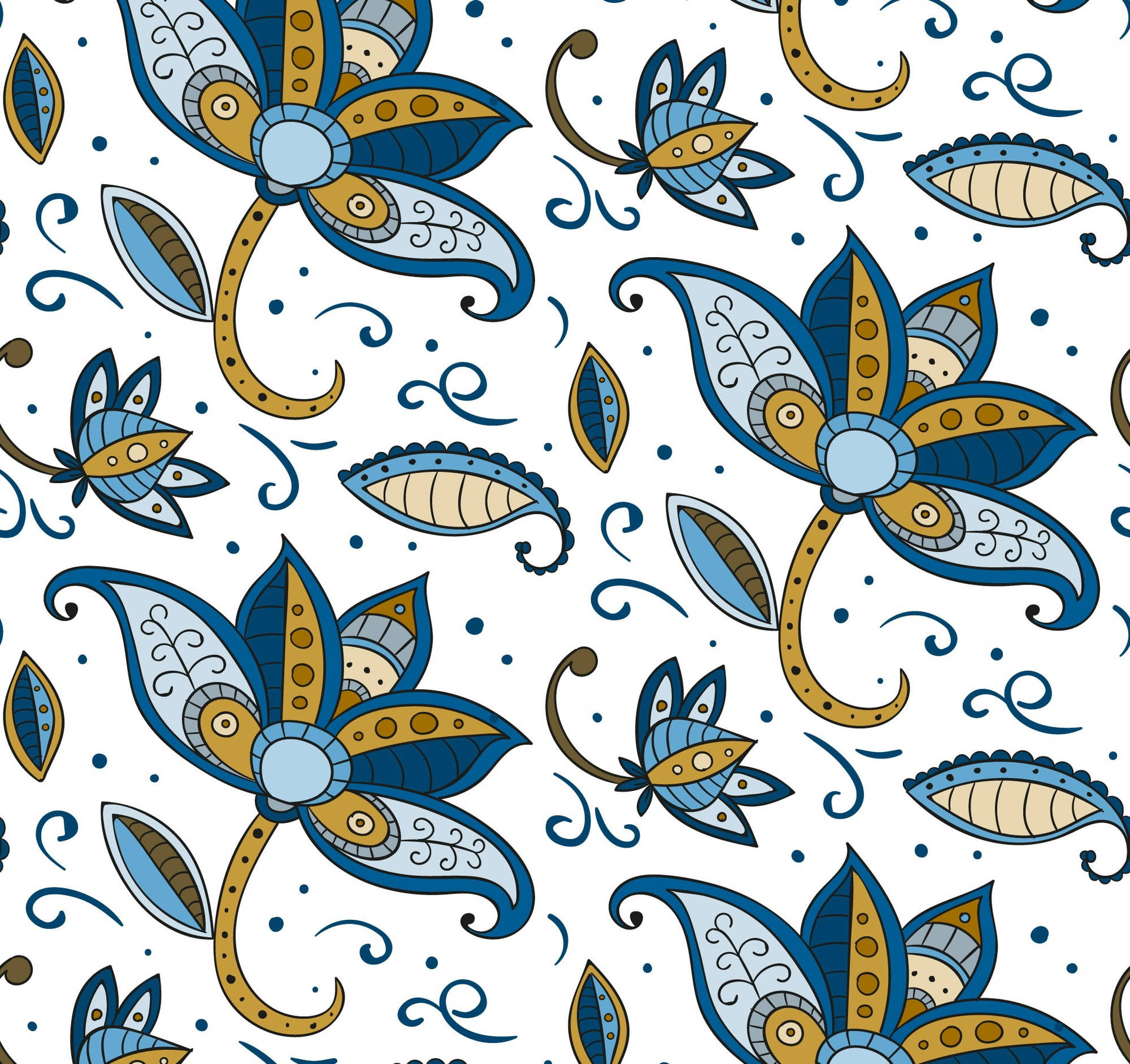 Batik Blue Gold Floral Wallpaper
