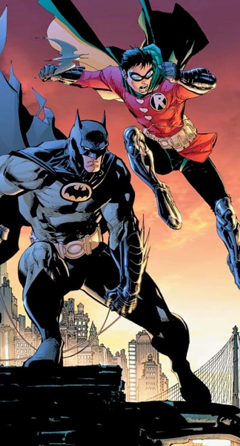 Batman and Robin overlooking Gotham City Wallpaper