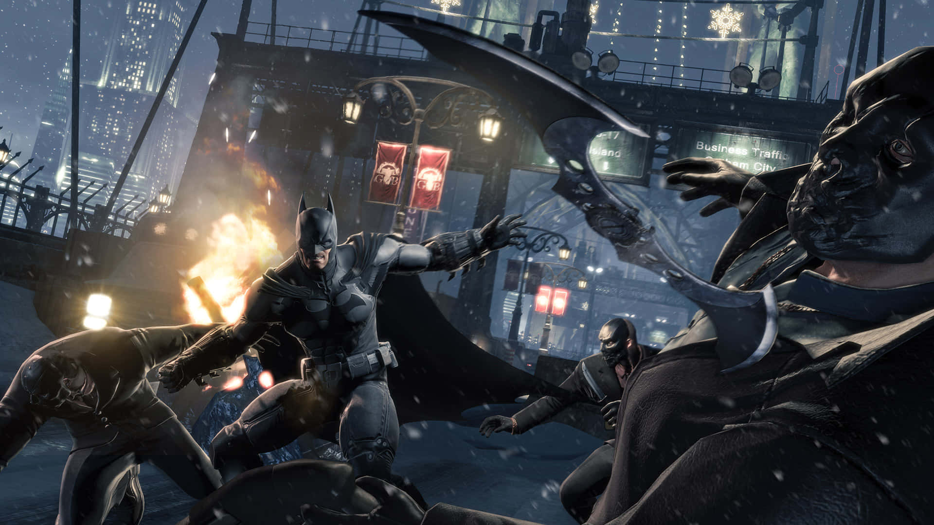 Batmanarkham Origins Gotham City Night Fight - Battaglia Notturna Nella Città Di Gotham Della Serie Arkham Origins Di Batman. Sfondo