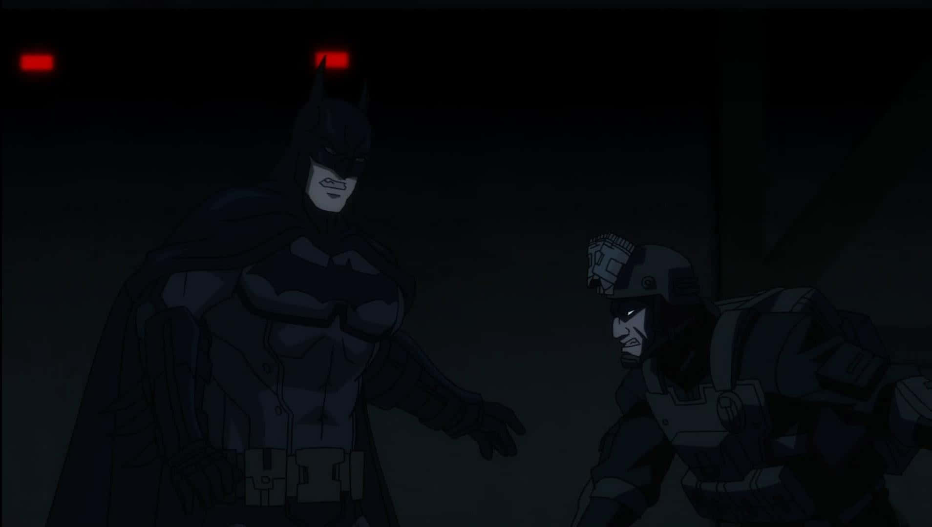 Intense Standoff Between Batman and Villains in Batman: Assault on Arkham Wallpaper
