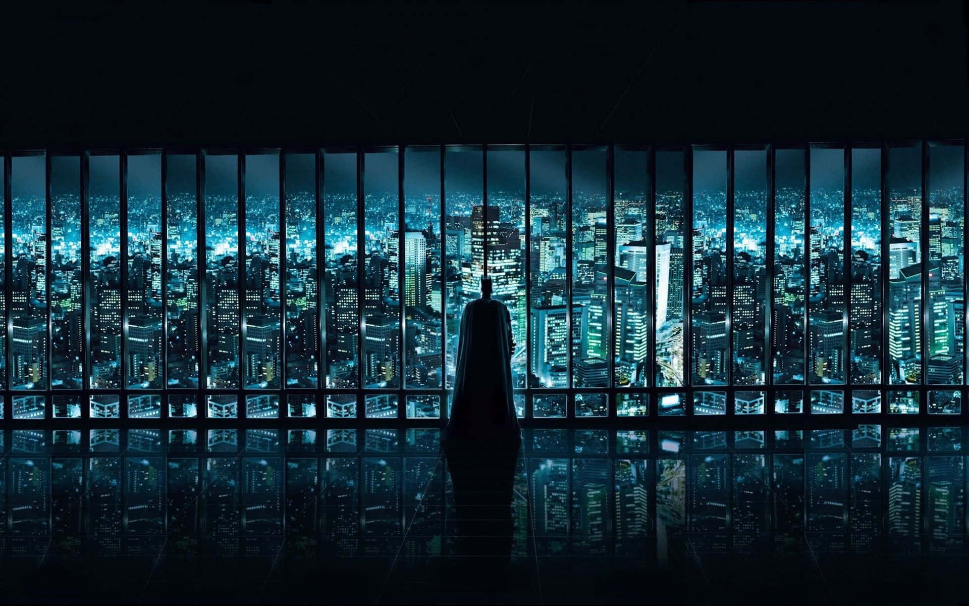 Denikoniske Batman Svæver Højt Over Byen Gotham.