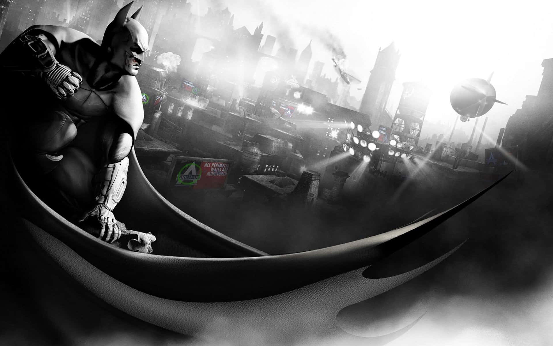 Batman stands tall, ready for action in a stylish black and white setting Wallpaper