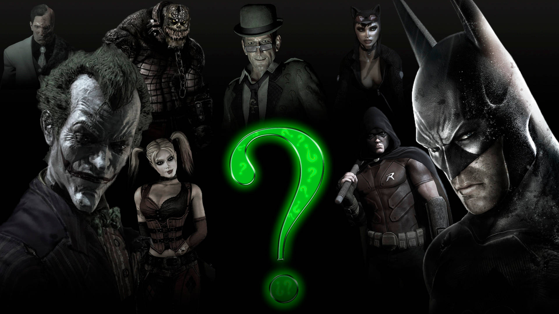 Personajesde Batman Con El Fondo De Pantalla De Harley Quinn En El Teléfono. Fondo de pantalla