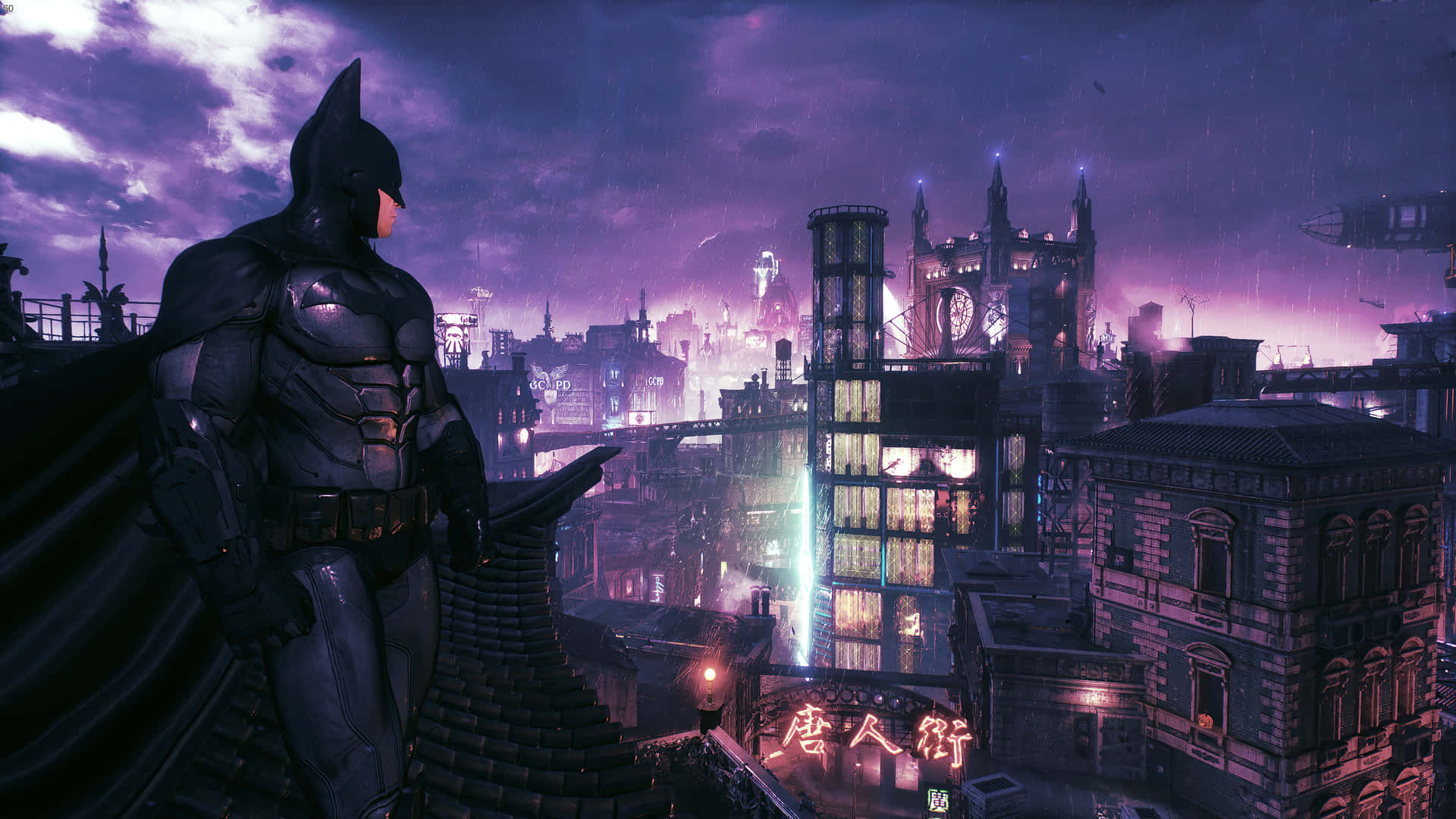 En oplyst Batman City skyline som natten falder. Wallpaper
