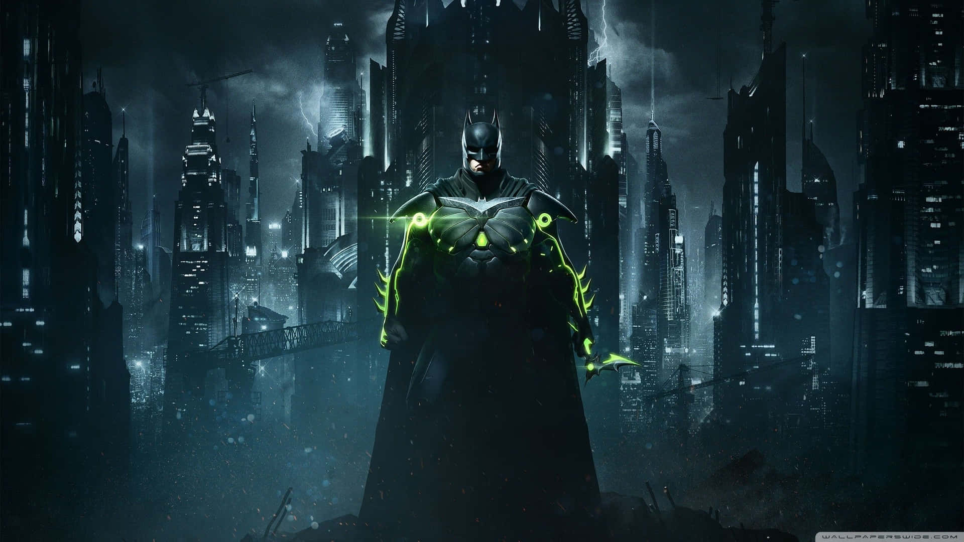 The Dark Knight looms over the skyline of Batman City. Wallpaper