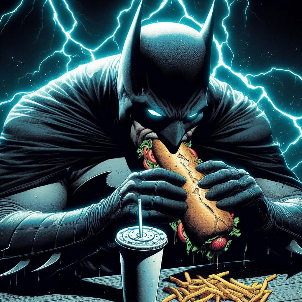 Batman_ Eating_ Sandwich_ Lightning_ Background Wallpaper