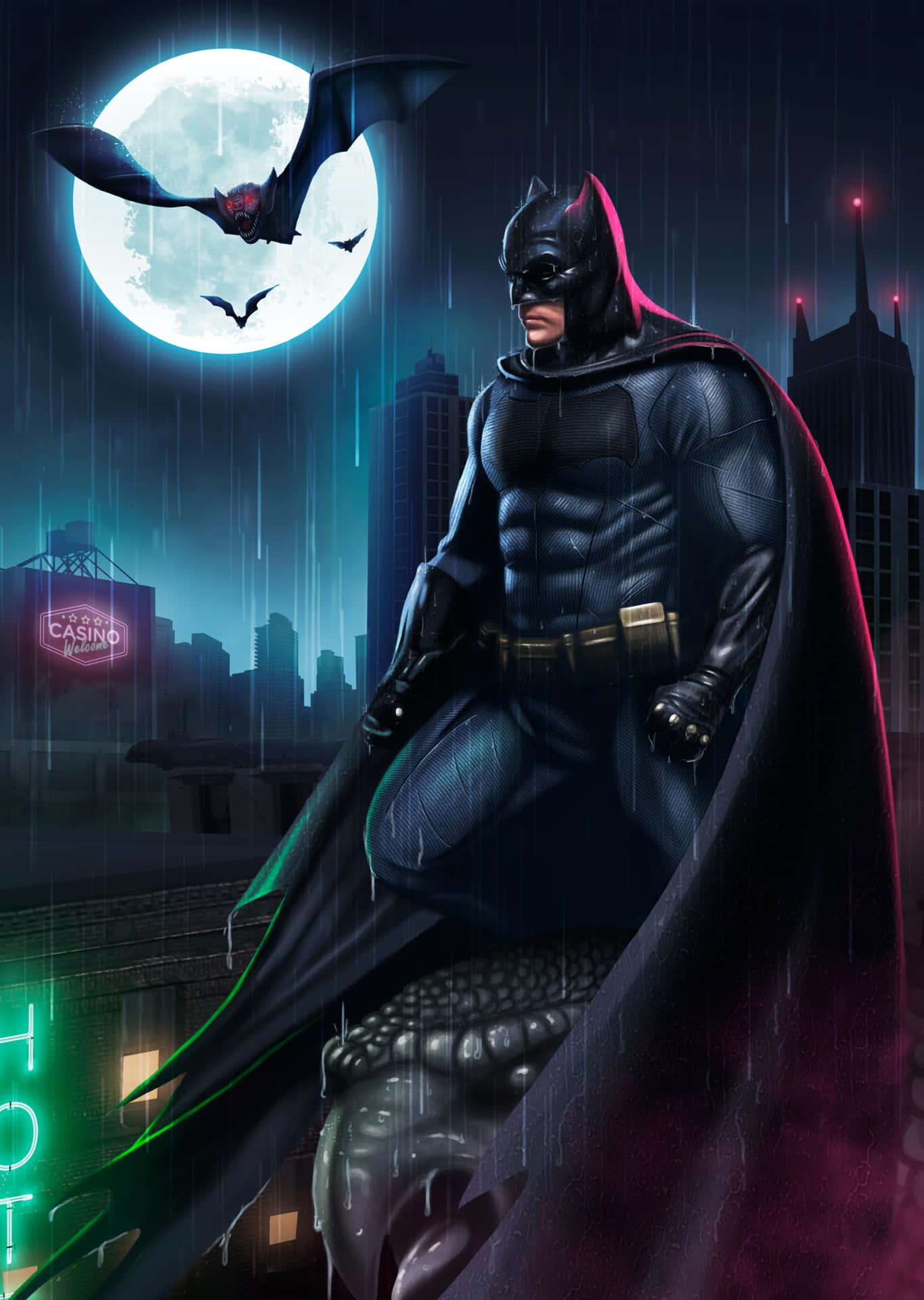 Batman Digital Art Under Full Moon And Rain Picture