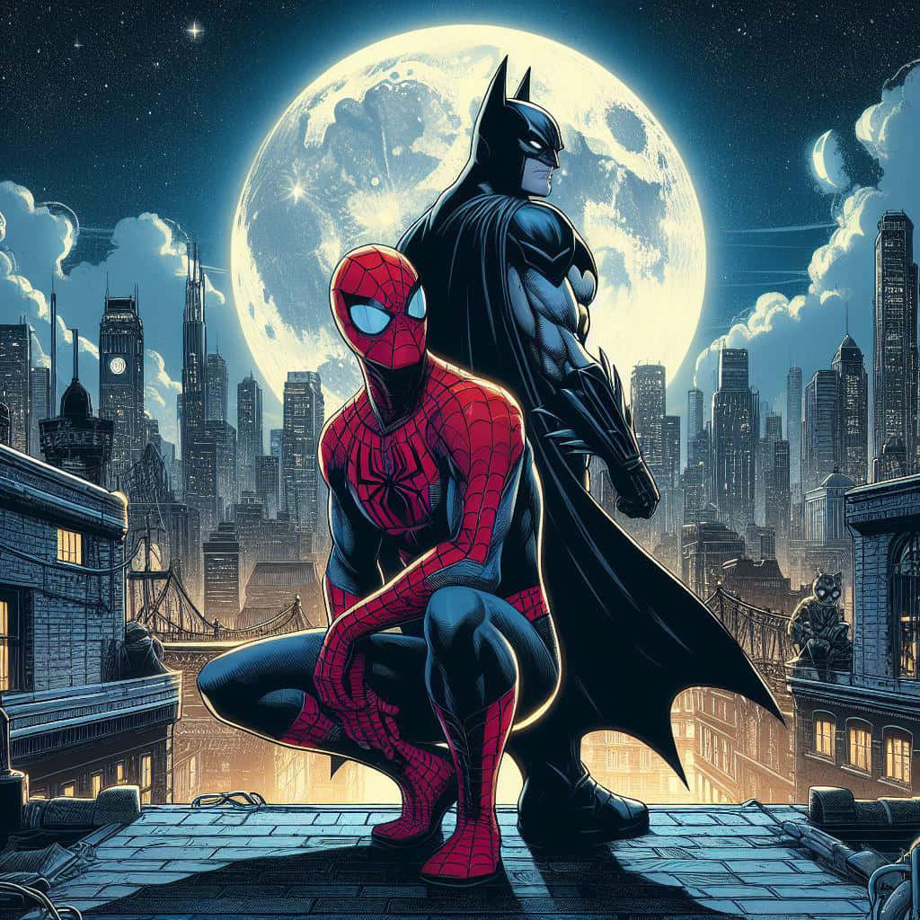 Batman Spiderman Moonlit Cityscape Wallpaper