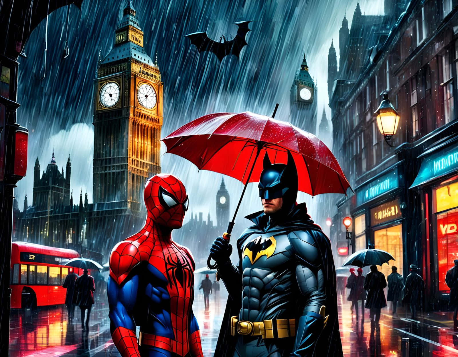 Batman Spiderman Rainy London Encounter Wallpaper