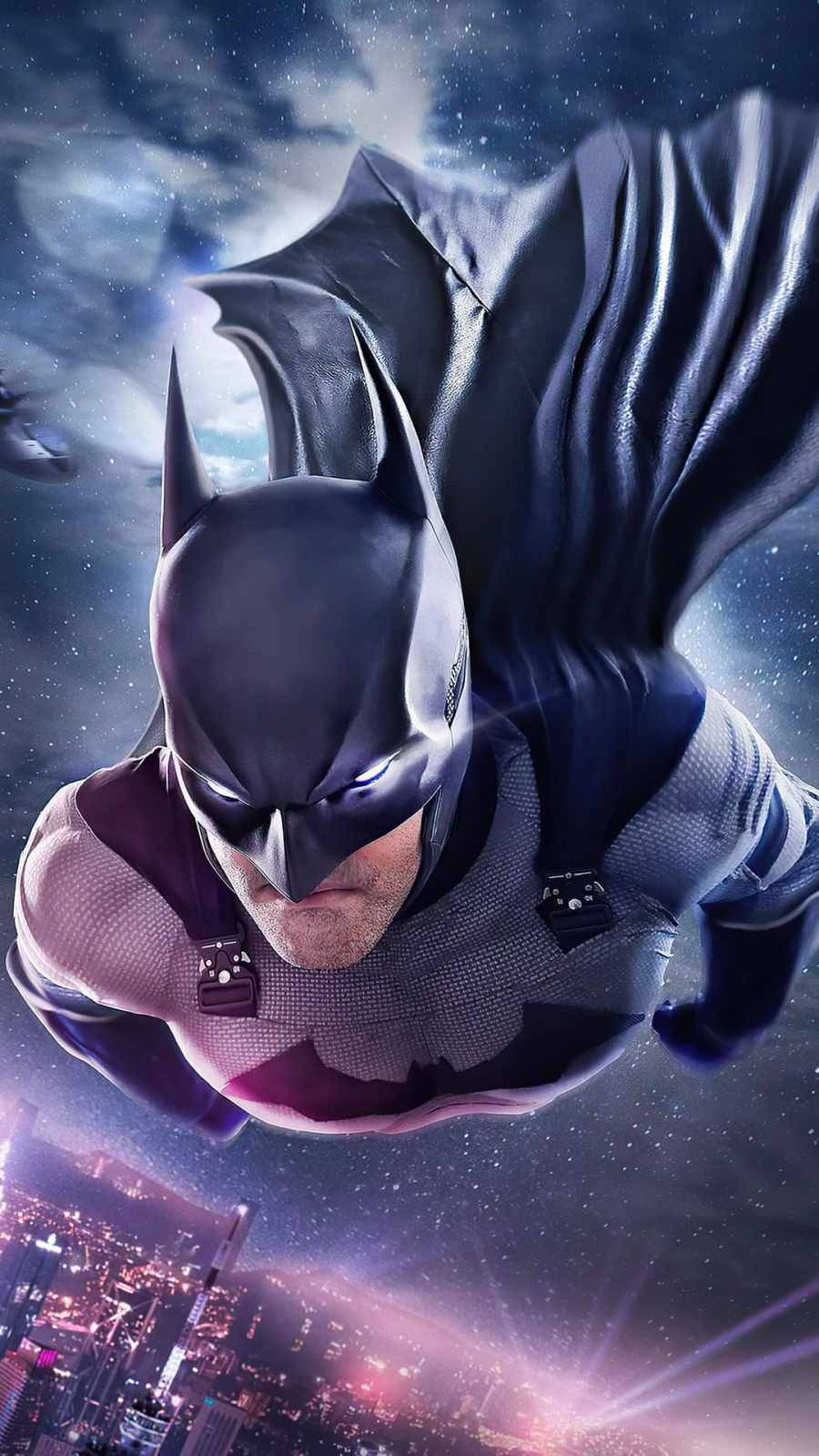 Batman Swinging Through The Majestic Skyline Of Arkham City On Iphone Wallpaper