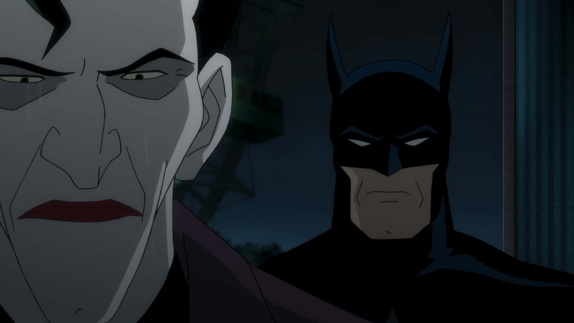 Batman and The Joker facing each other in Batman: The Killing Joke Wallpaper