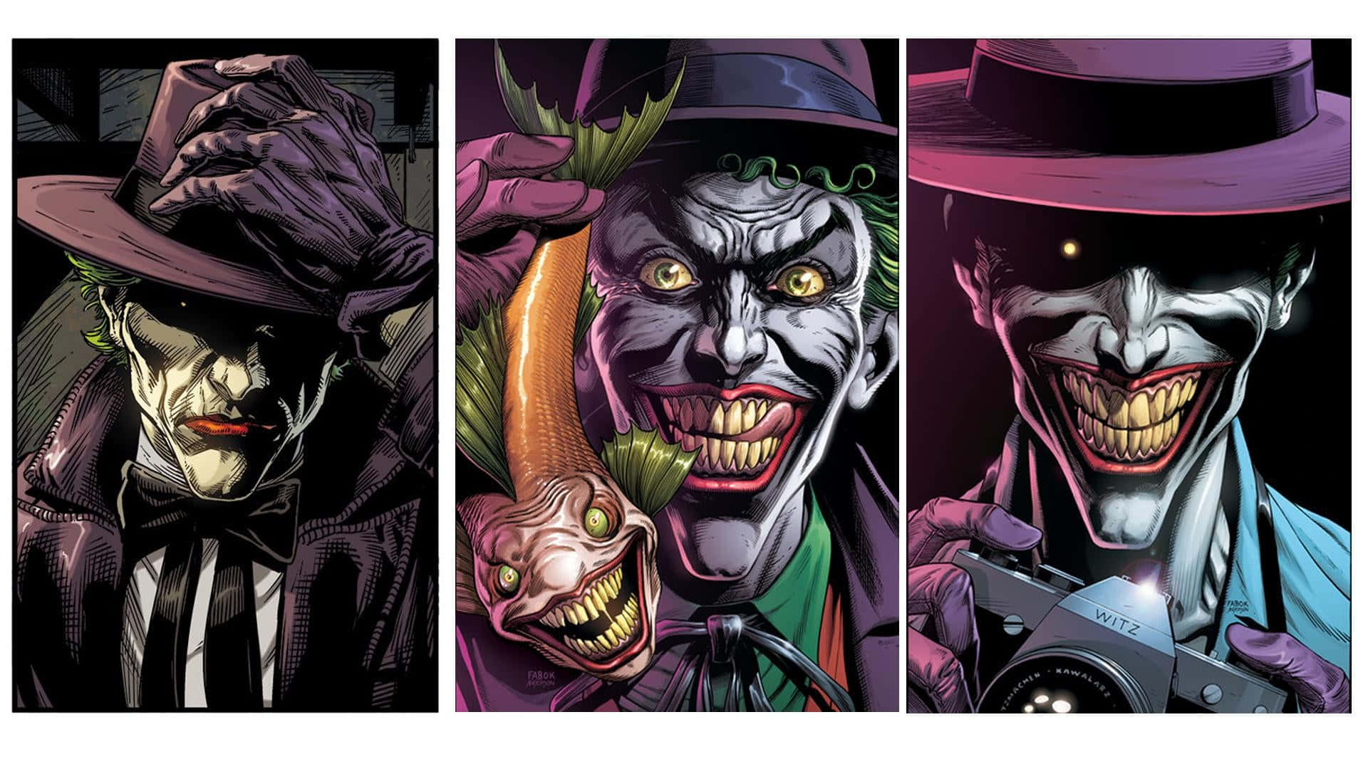 Batman and The Three Jokers face off in a striking illustration Wallpaper