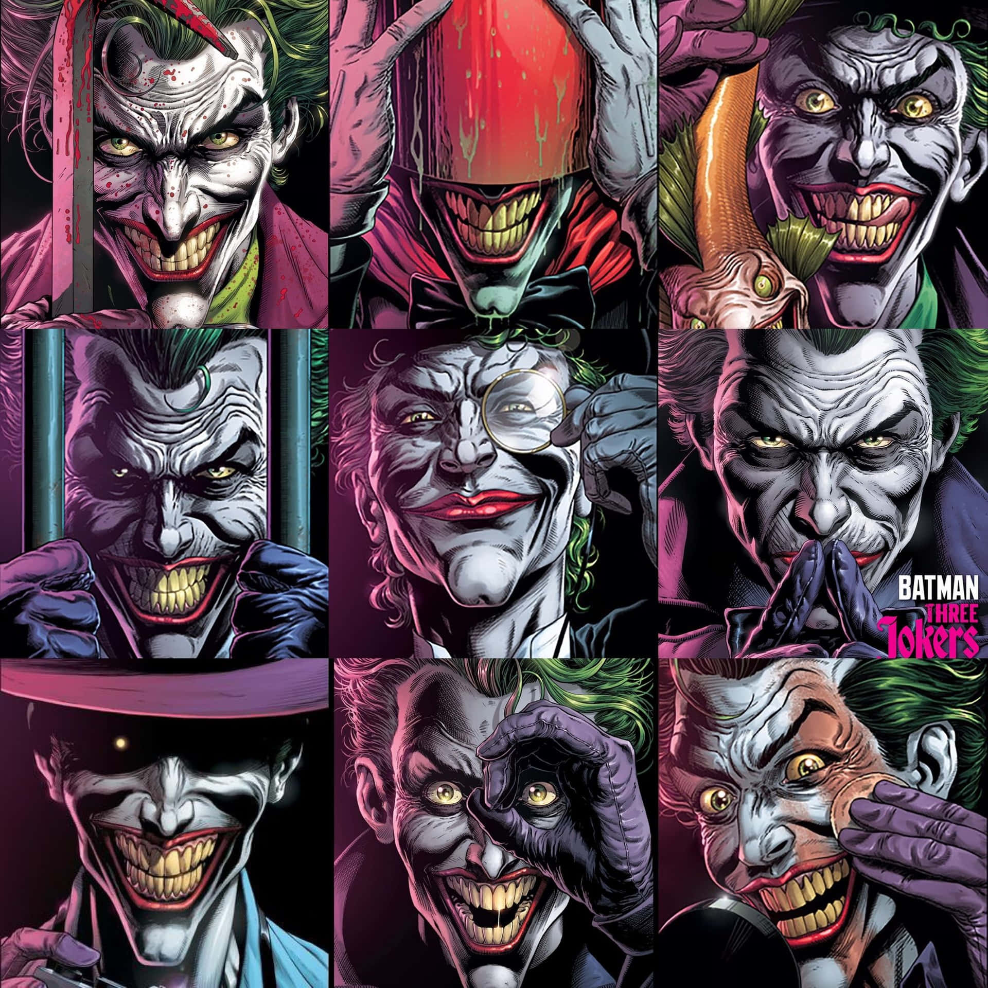 Batman faces off against the three Jokers in an intense showdown Wallpaper