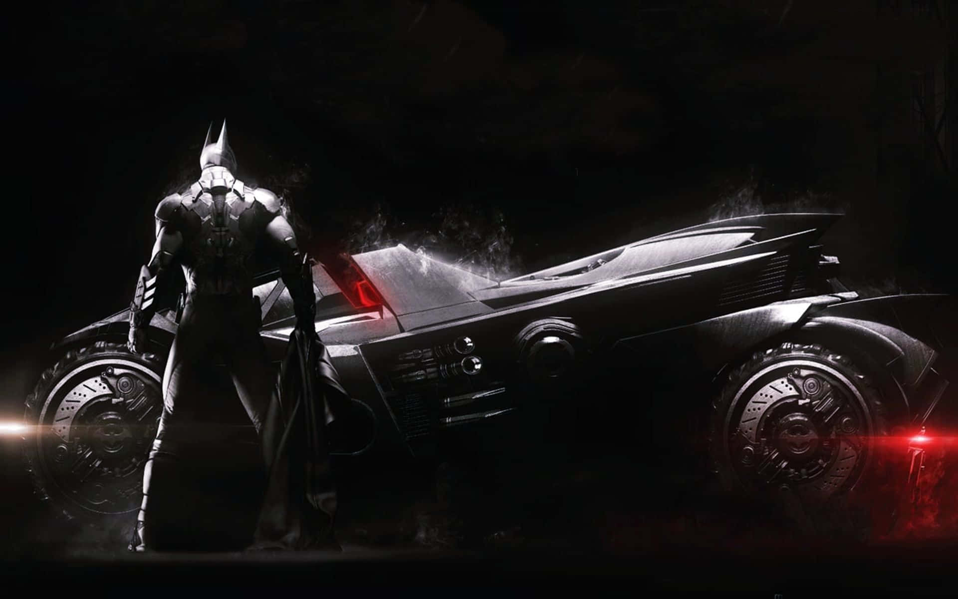 Emblazoned with a fierce impact, the Batmobile roars down the street ready for battle. Wallpaper