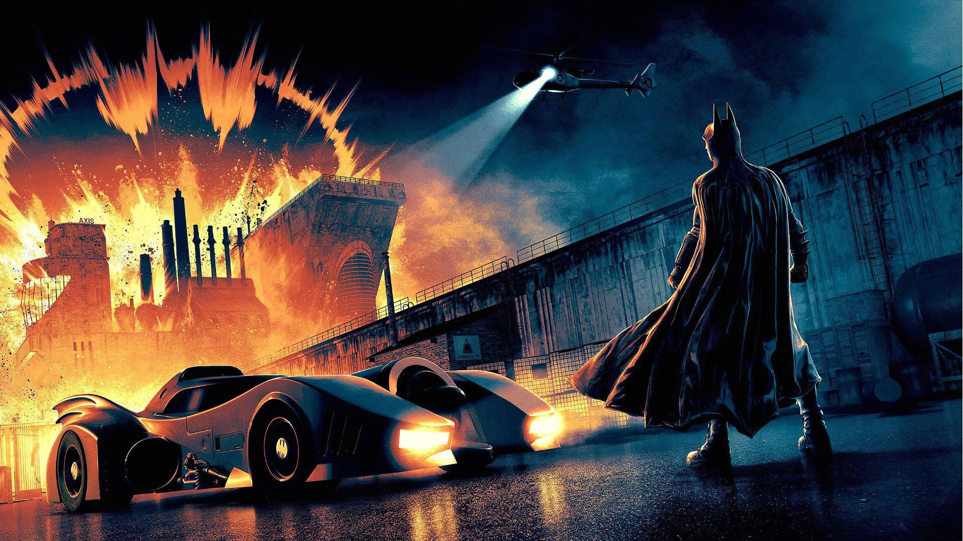 Batmobile In Burning Gotham City