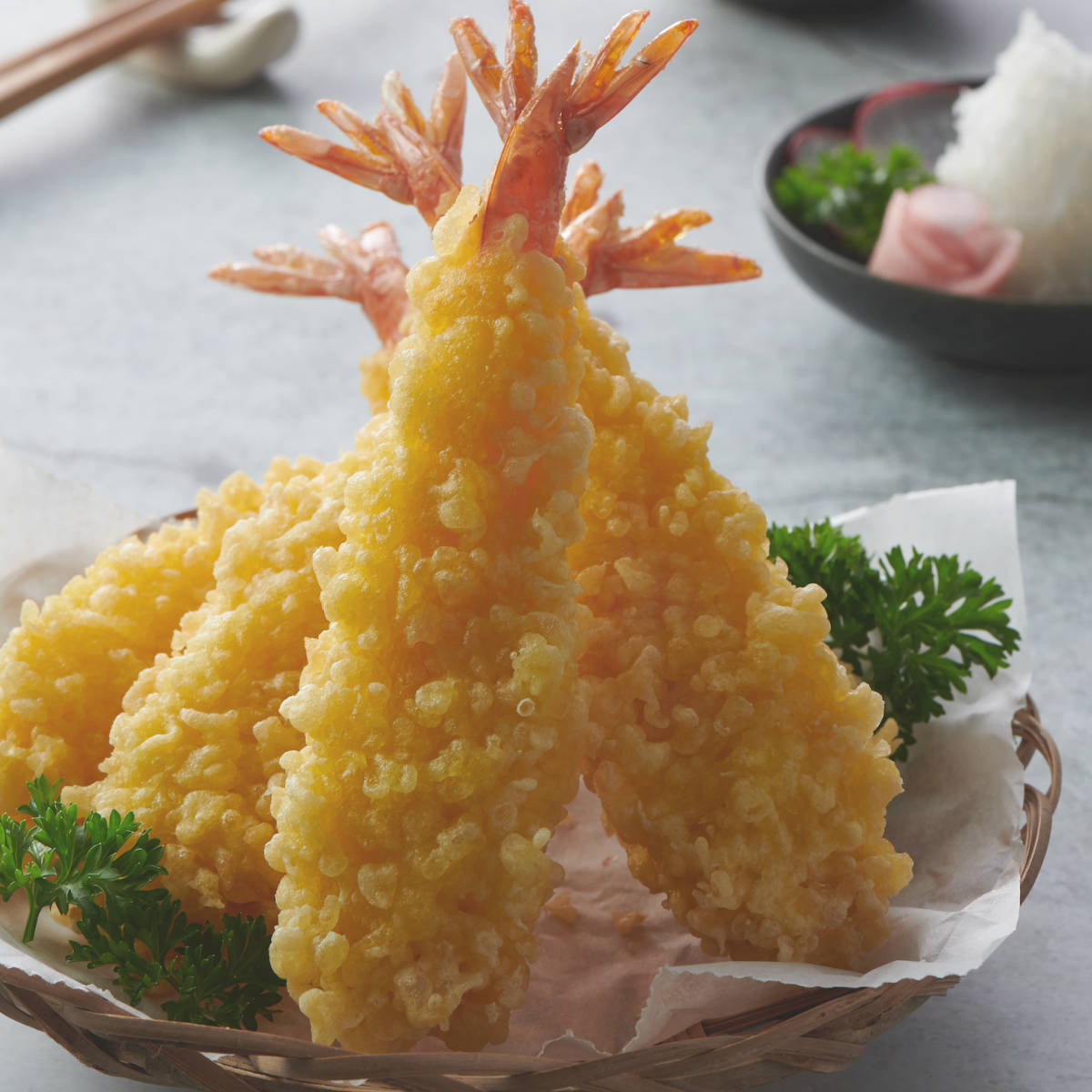 Brugsede rejer tempura og en kompleks scene. Wallpaper