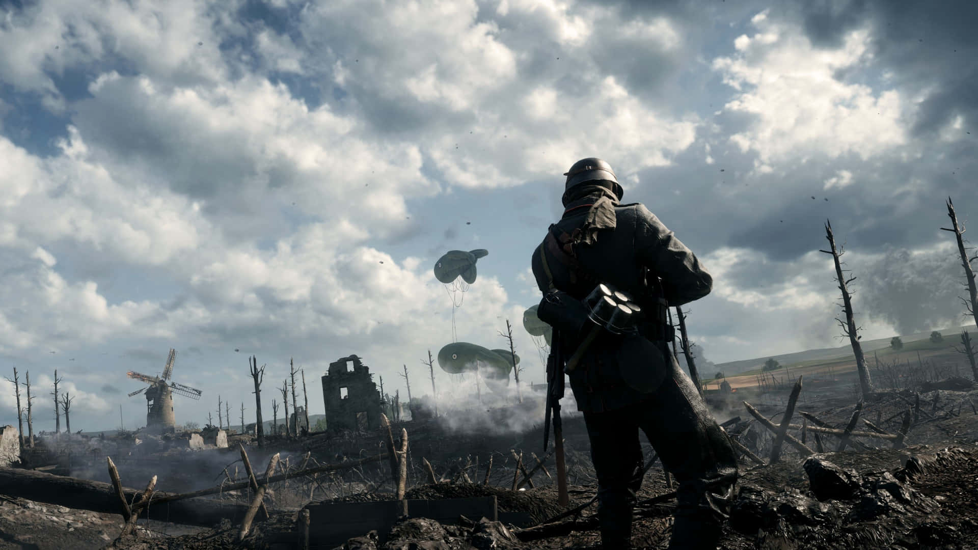 A Soldier Is Standing In A Field With Smoke Coming From It