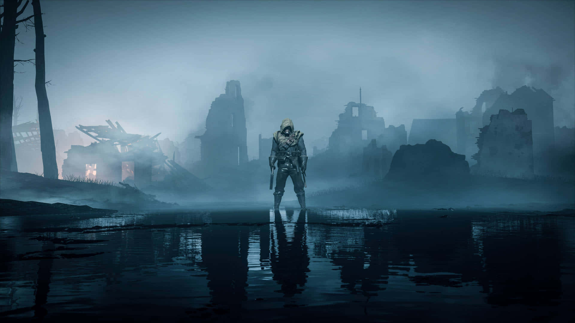 A Man Standing In A Foggy Watery Area