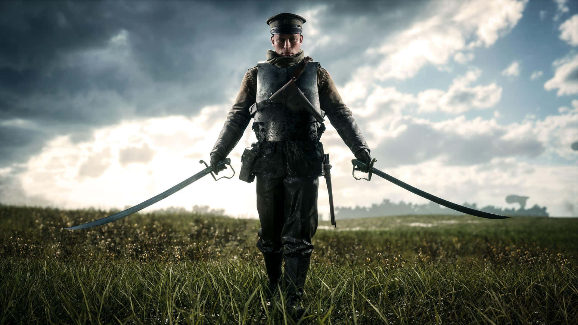 A Soldier In Uniform Standing In A Field With Two Swords