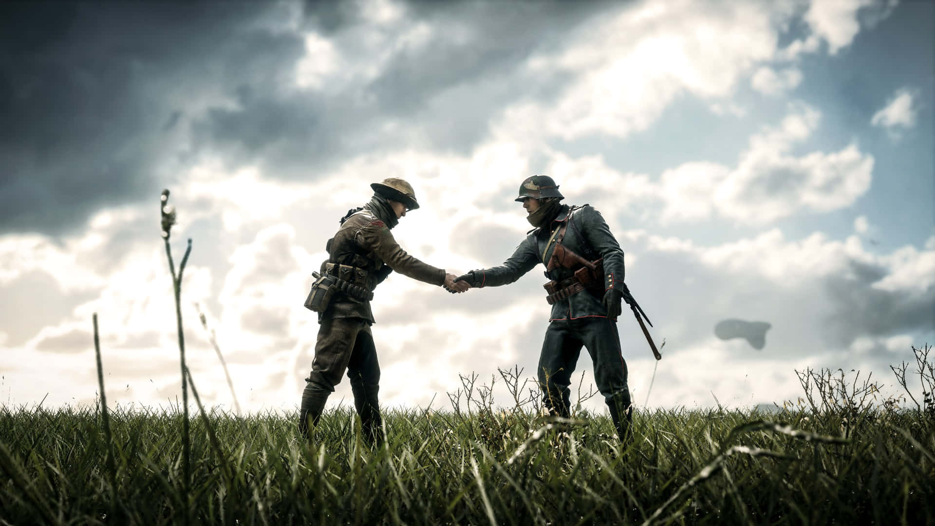 Two Soldiers Shaking Hands In A Field