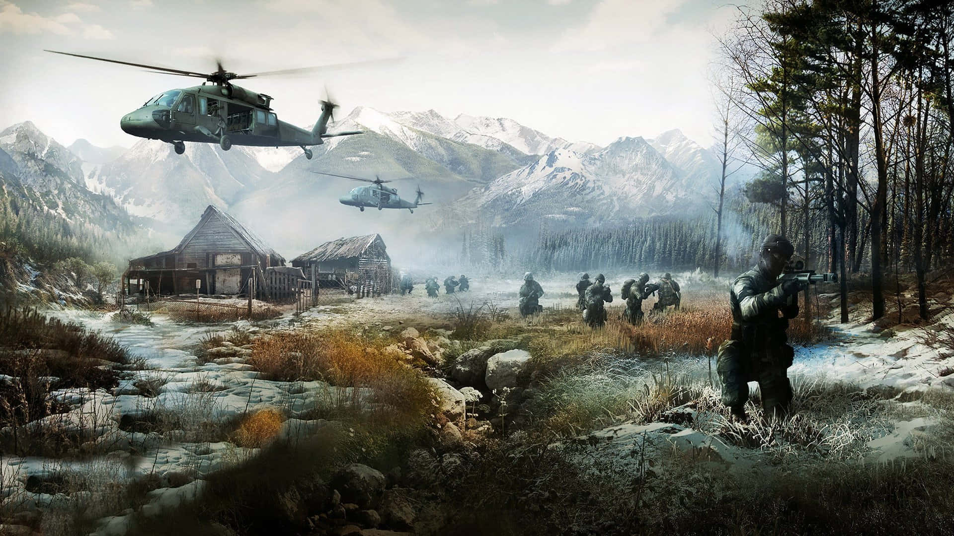 Enhelicopter Flyver Over Et Bjerg Med Soldater I Baggrunden.