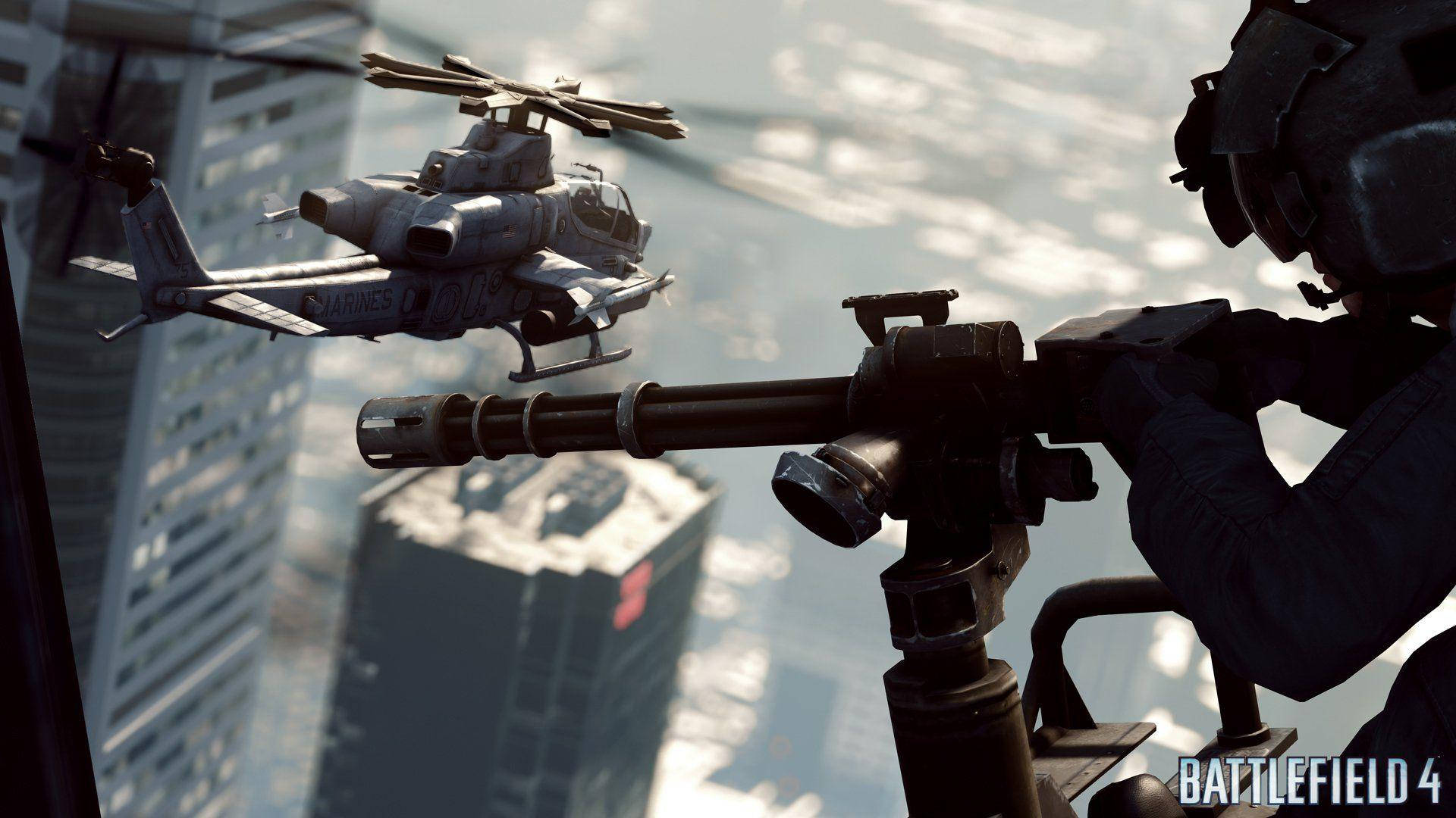 Forsvarsmand holder et gevær og kigger på et helikopter, der flyver i himlen. Wallpaper