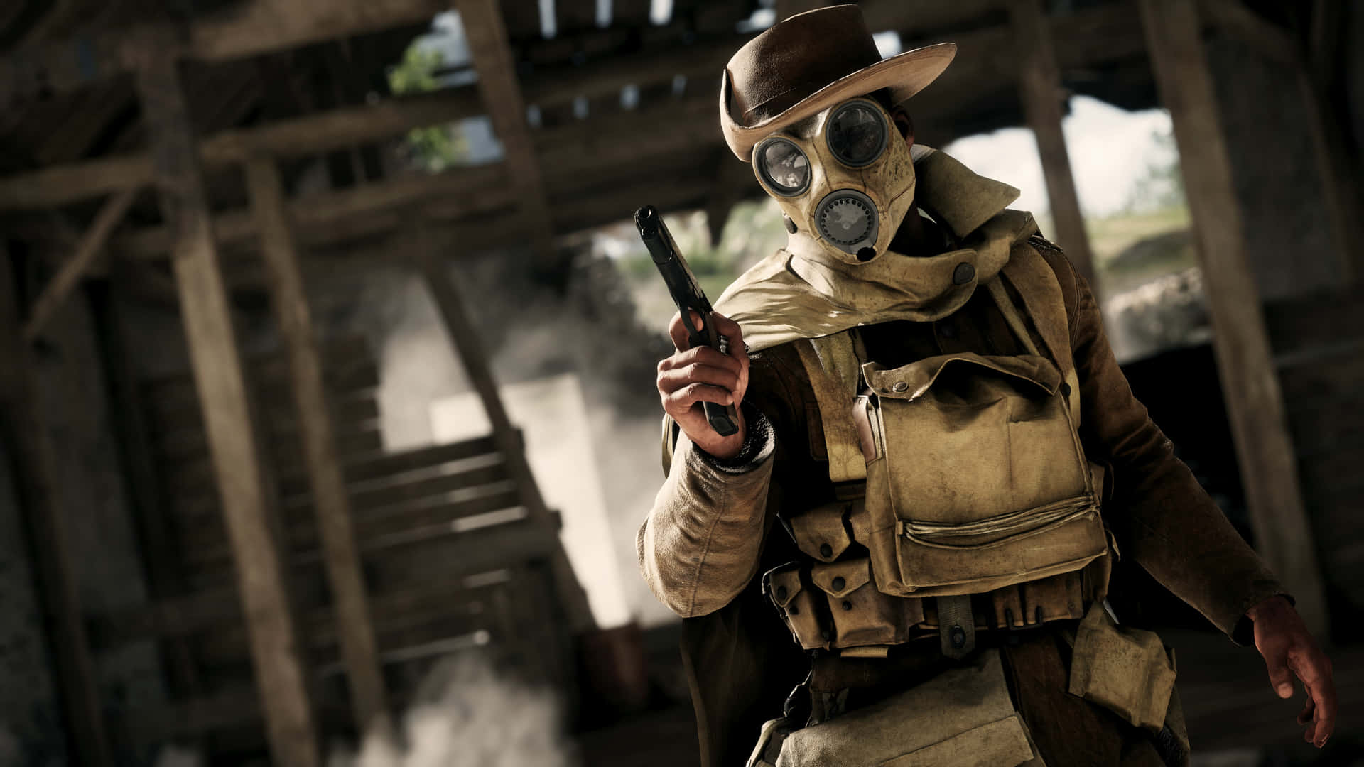 En mand i en gasmaske holder et gevær Wallpaper