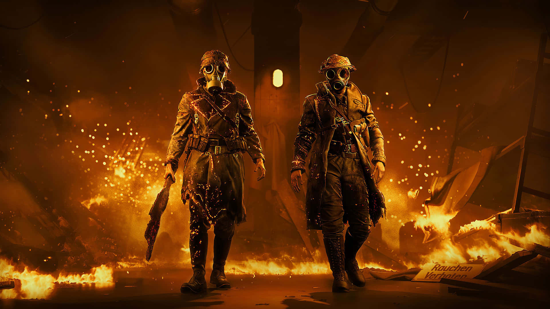 To mænd i rustning, der står foran ilden Wallpaper