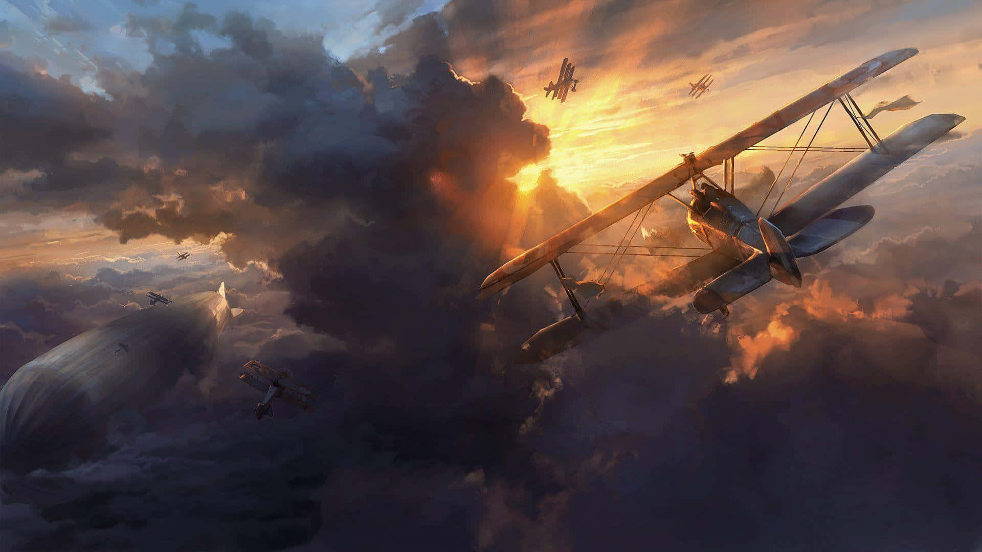 A Painting Of A Plane Flying Through The Clouds Wallpaper