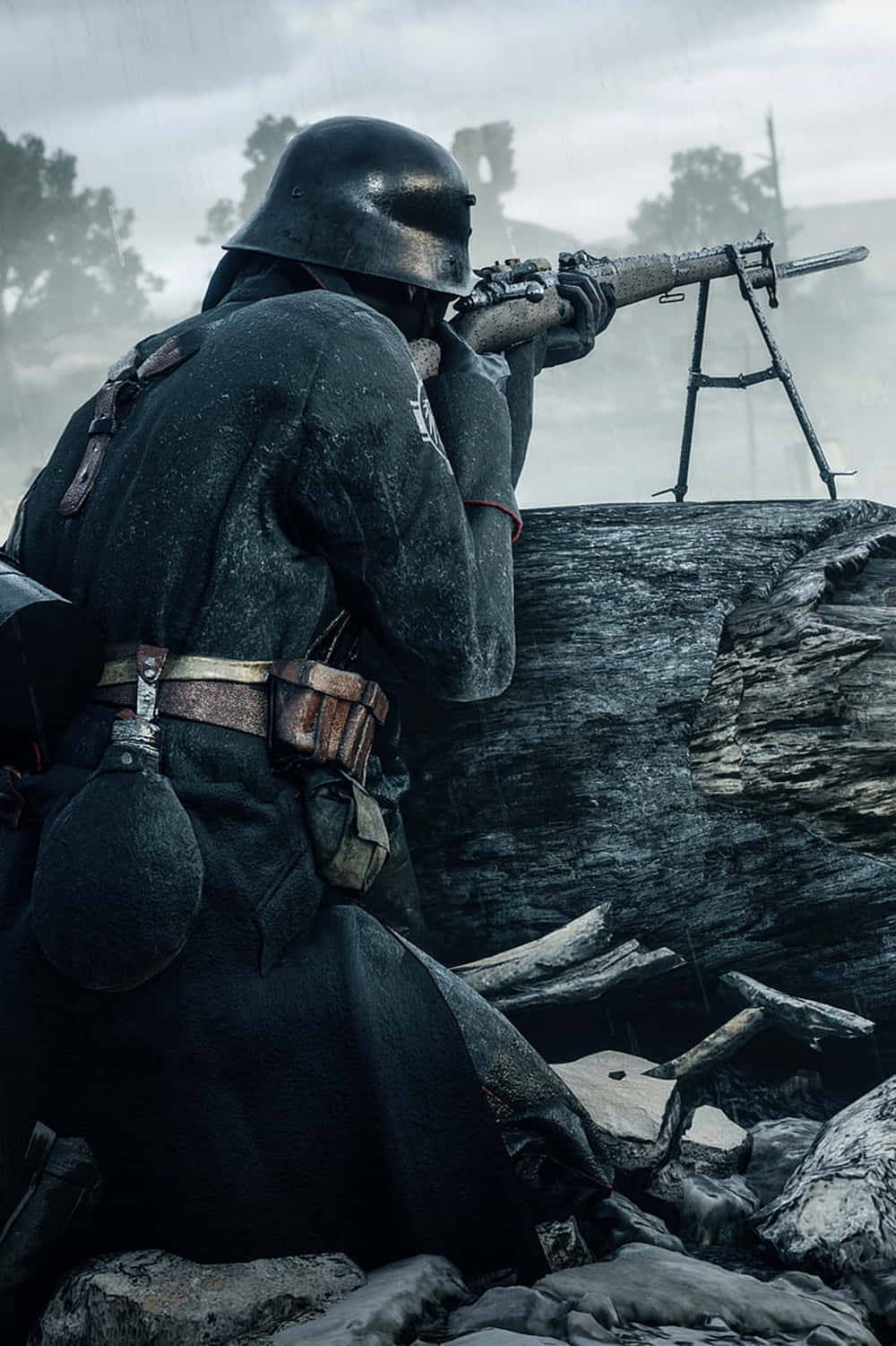 En soldat sigter med sit gevær mod et træ. Wallpaper