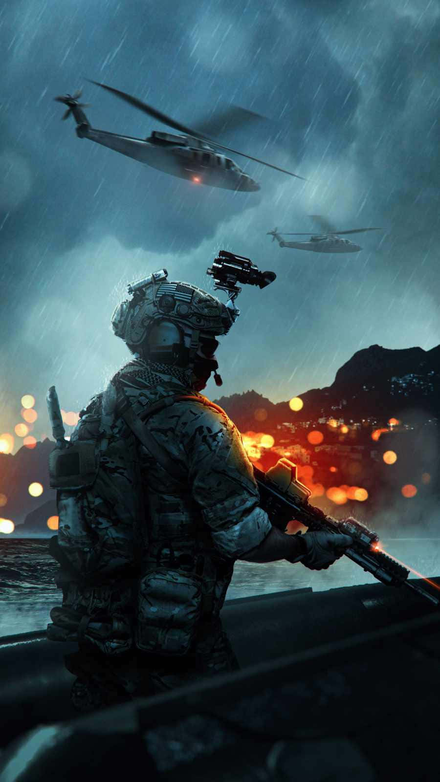 En soldat står foran en helikopter Wallpaper