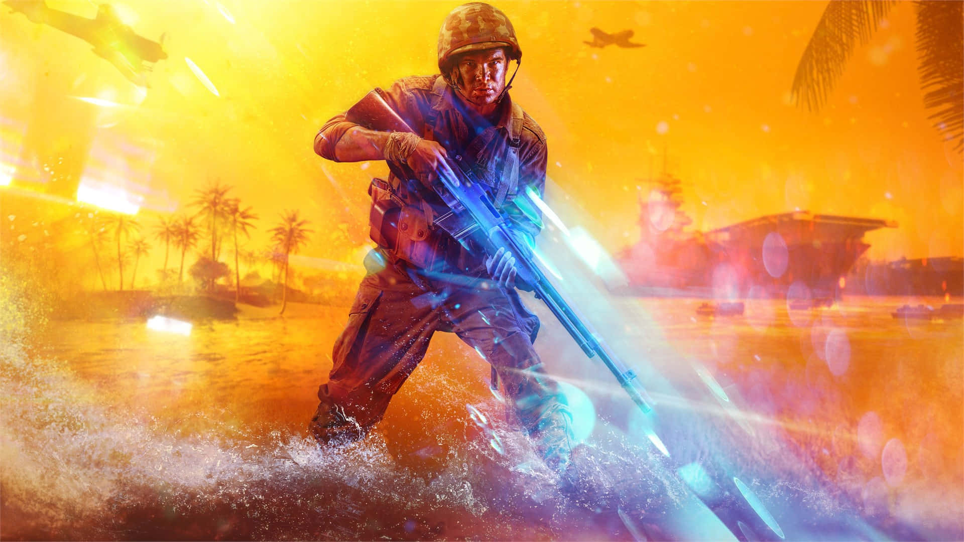 Soldier With Glowing Blue Rifle Battlefield V Background