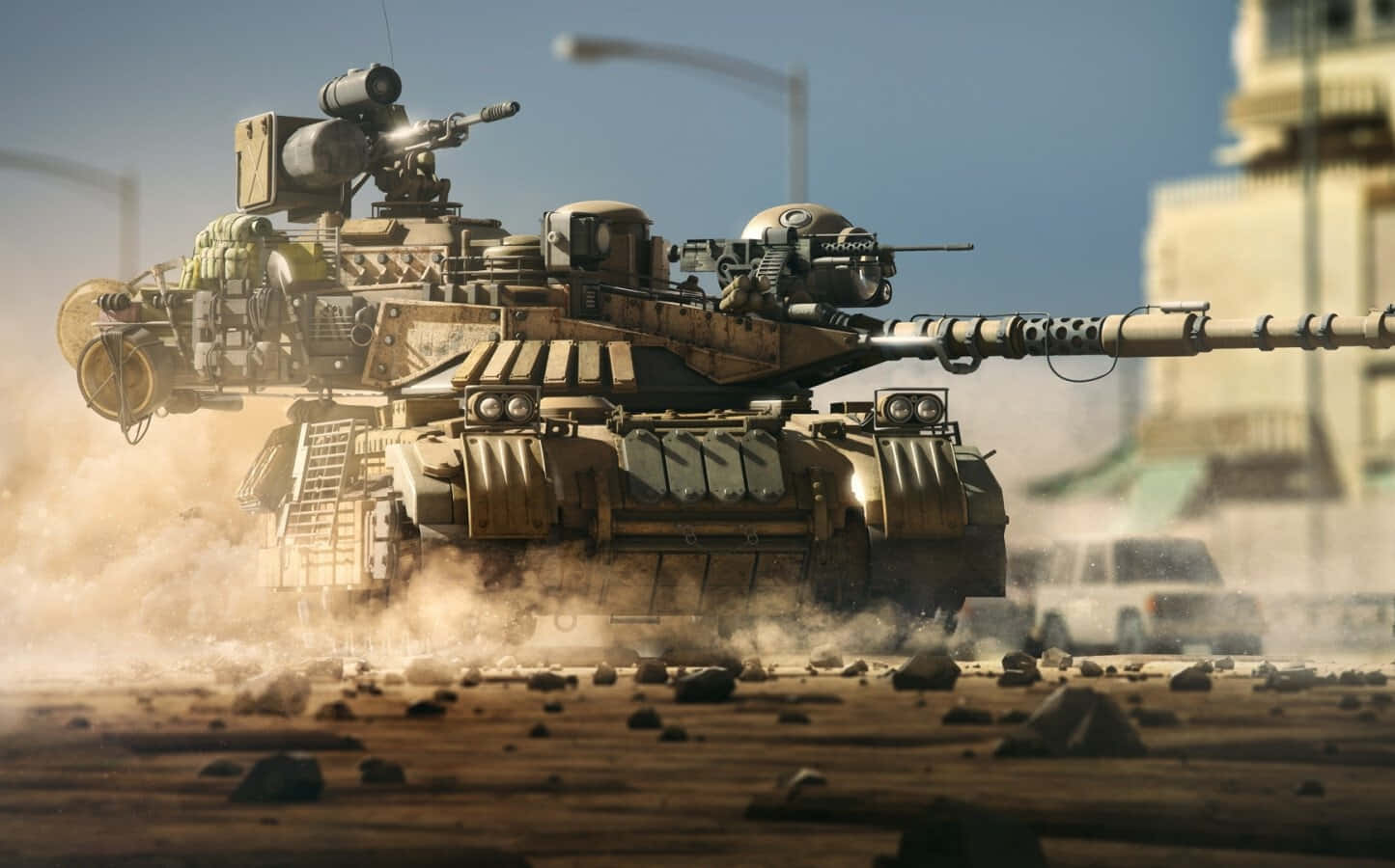 Battlefield tank traversing through rough terrain Wallpaper